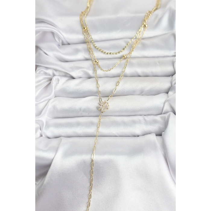 Pirinç Gold Renk Zirkon Taşlı Çiçek Model Detaylı 3lü Kombin Y Kadın Kolye