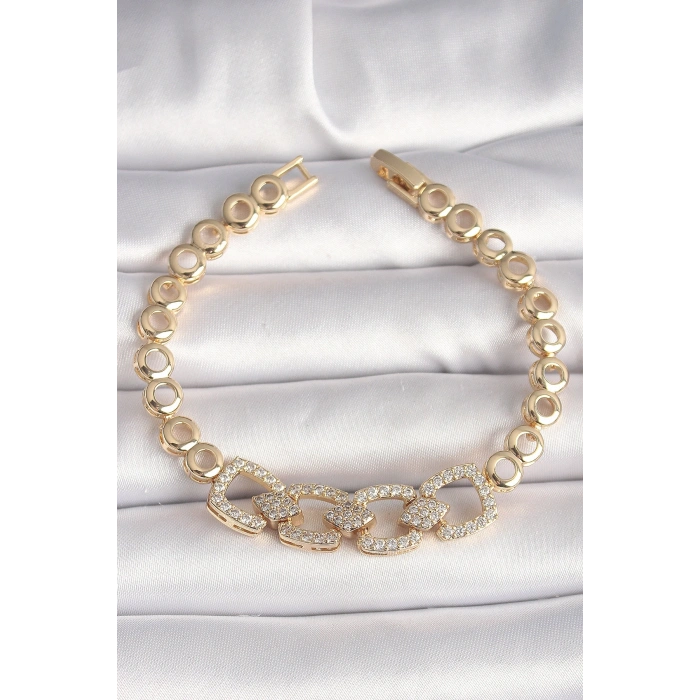 Pirinç Gold Renk Zirkon Taşlı Daire Zincir Model Kadın Bileklik
