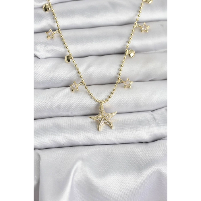 Pirinç Gold Renk Zirkon Taşlı Deniz Yıldızı Model Kadın Kolye