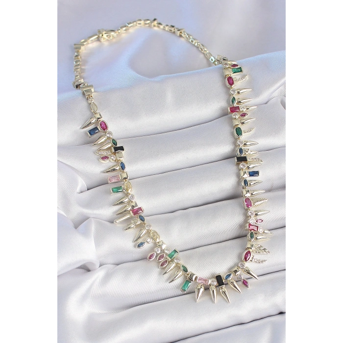 Pirinç Gold Renk Zirkon Taşlı Diken Model VIP Seri Kadın Kolye