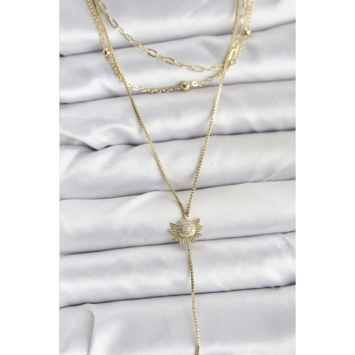 Pirinç Gold Renk Zirkon Taşlı Güneş Model Detaylı 3lü Kombin Y Kadın Kolye