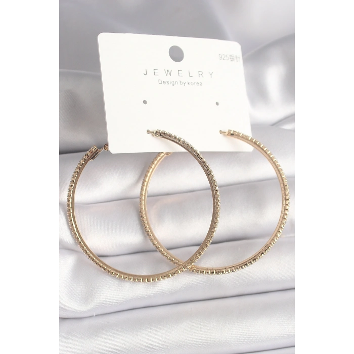 Pirinç Gold Renk Zirkon Taşlı Halka Model Kadın Küpe