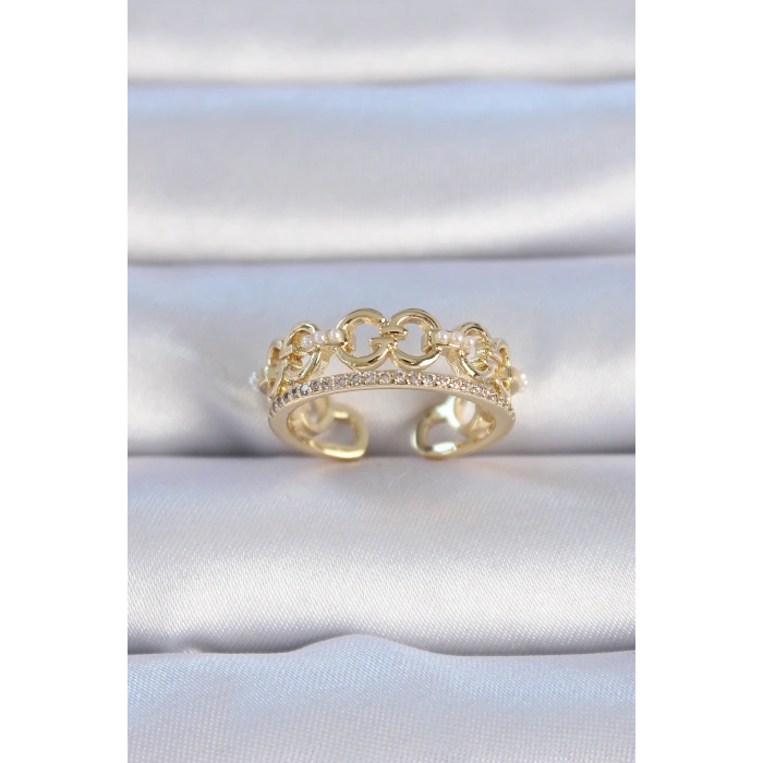 Pirinç Gold Renk Zirkon Taşlı İnci Detay Kadın Yüzük