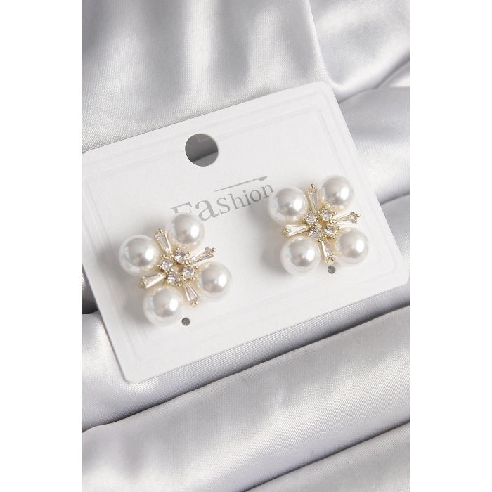 Pirinç Gold Renk Zirkon Taşlı İncili Kadın Küpe