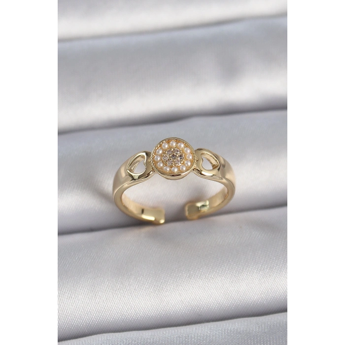 Pirinç Gold Renk Zirkon Taşlı İncili Kalp İşleme Detay Ayarlanabilir Kadın Yüzük