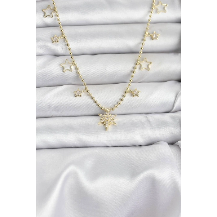 Pirinç Gold Renk Zirkon Taşlı Kutup Yıldızı Model Kadın Kolye