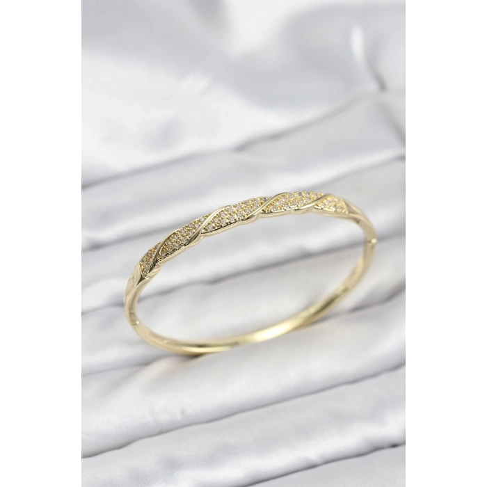 Pirinç Gold Renk Zirkon Taşlı Model Kadın Kelepçe Bileklik