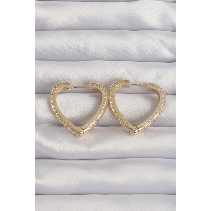 Pirinç Gold Renk Zirkon Taşlı Motifli Kalp Küpe