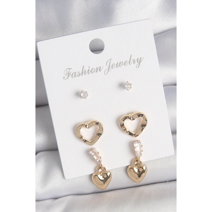 Pirinç Gold Renk Zirkon Taşlı Sallantı Kalp Model Kadın 3 Çift Küpe Seti