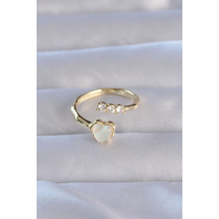 Pirinç Gold Renk Zirkon Taşlı Sedefli Kalp Model Ayarlanabilir Yüzük