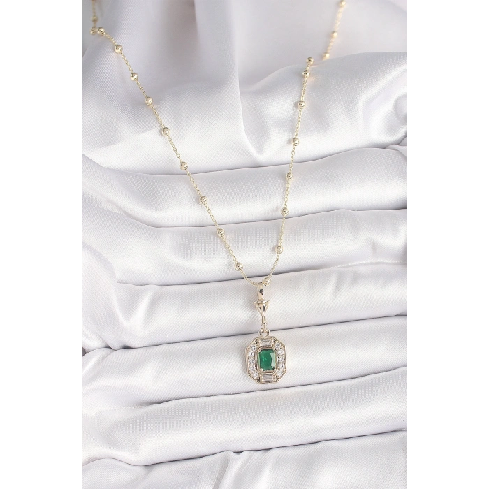 Pirinç Gold Renk Zirkon Taşlı Topçuk Zincir Serenay Model Kadın Kolye