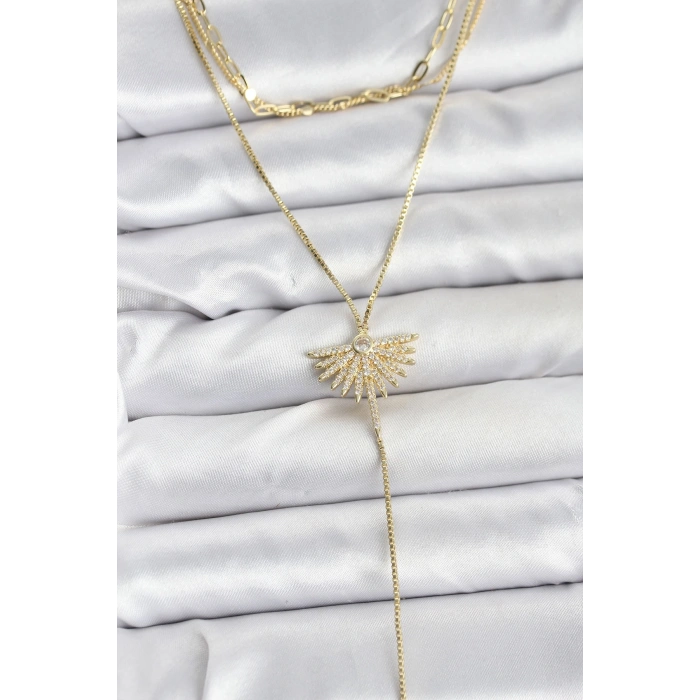 Pirinç Gold Renk Zirkon Taşlı Yelpaze Model Detaylı 3lü Kombin Y Kadın Kolye