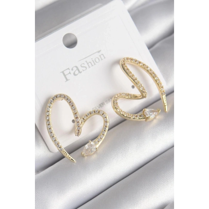 Pirinç Gold Renk Zirkon Taşlı Yılan Kalp Model Kadın Küpe