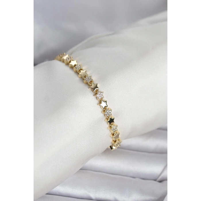 Pirinç Gold Renk Zirkon Taşlı Yıldız Model Kadın Bileklik