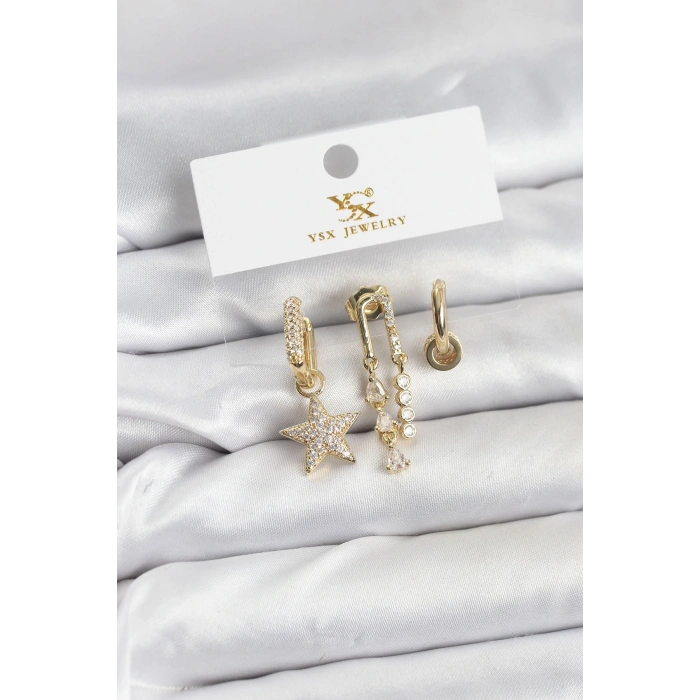 Pirinç Gold Renk Zirkon Taşlı Yıldız Vintage Model YSX Trio Küpe Seti