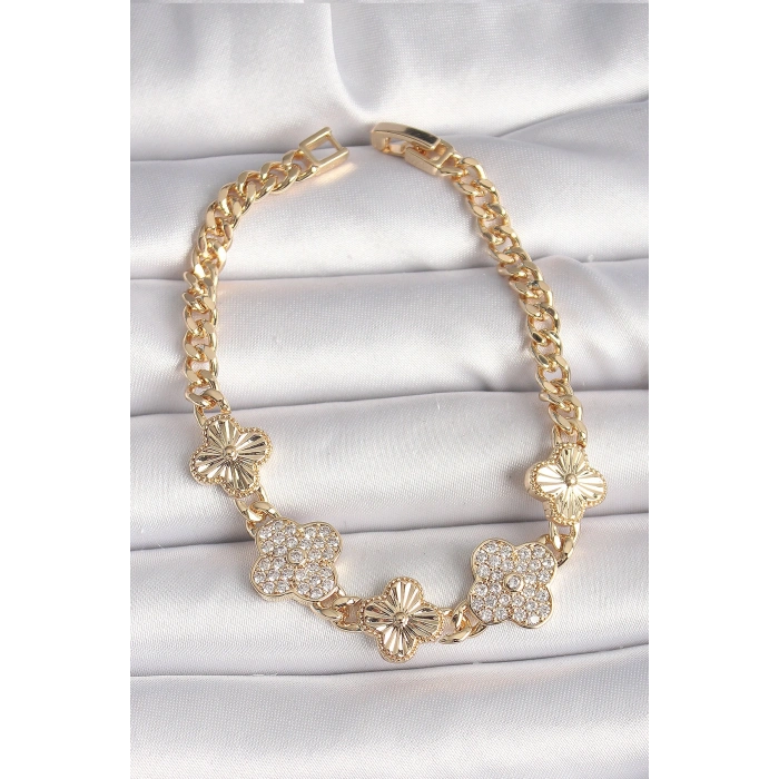 Pirinç Gold Renk Zirkon Taşlı Yonca Model Kadın Bileklik