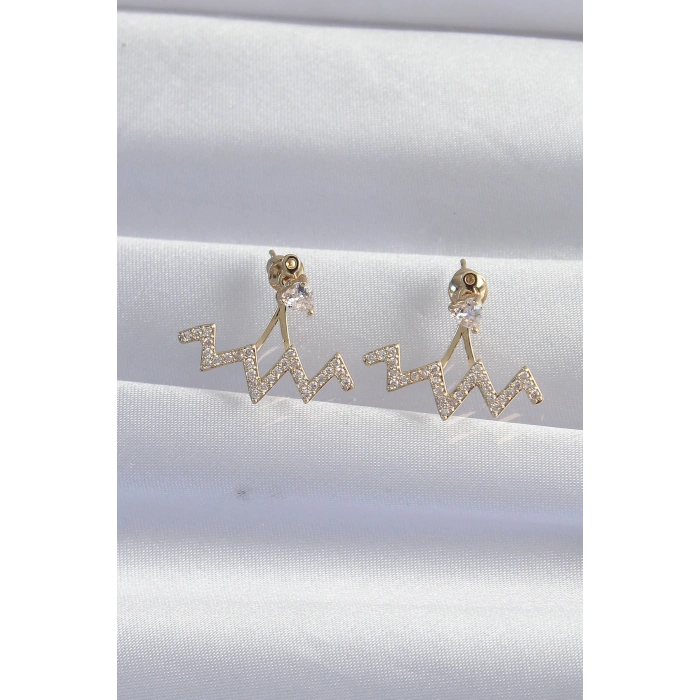 Pirinç Gold Renk Zirkon Taşlı Zikzak Küpe