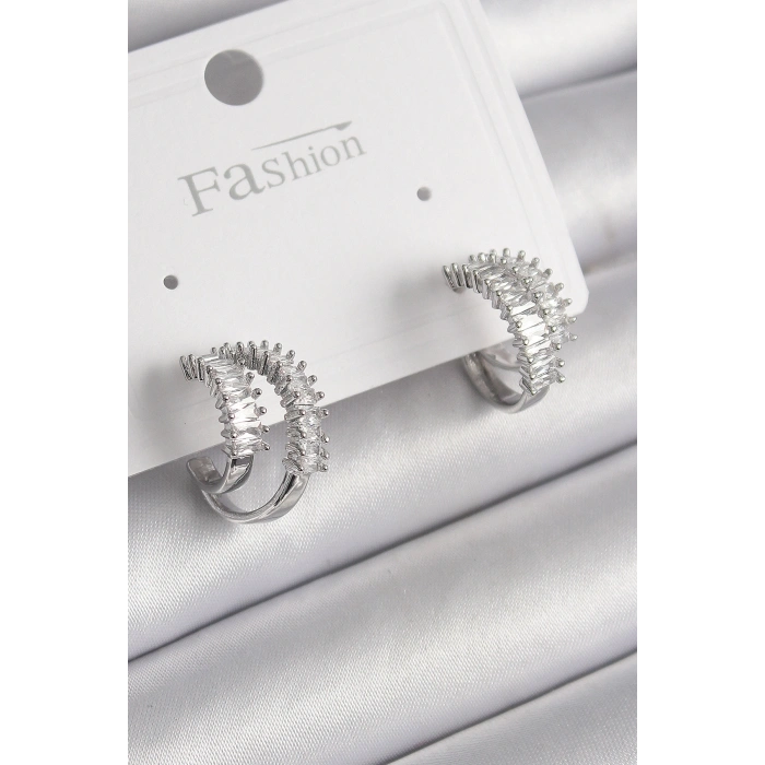 Pirinç Gümüş Renk 2Li Zirkon Taşlı Halka Model Kadın Küpe