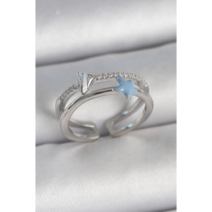 Pirinç Gümüş Renk 2Li Zirkon Taşlı Mavi Yıldız Figür Ayarlanabilir Kadın Yüzük