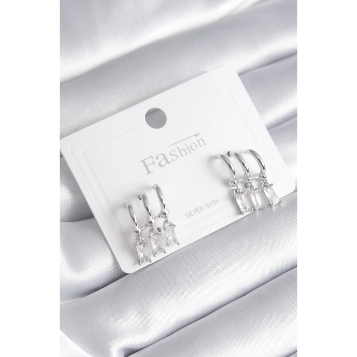 Pirinç Gümüş Renk 3lü Sallantı Zirkon Taşlı Küpe