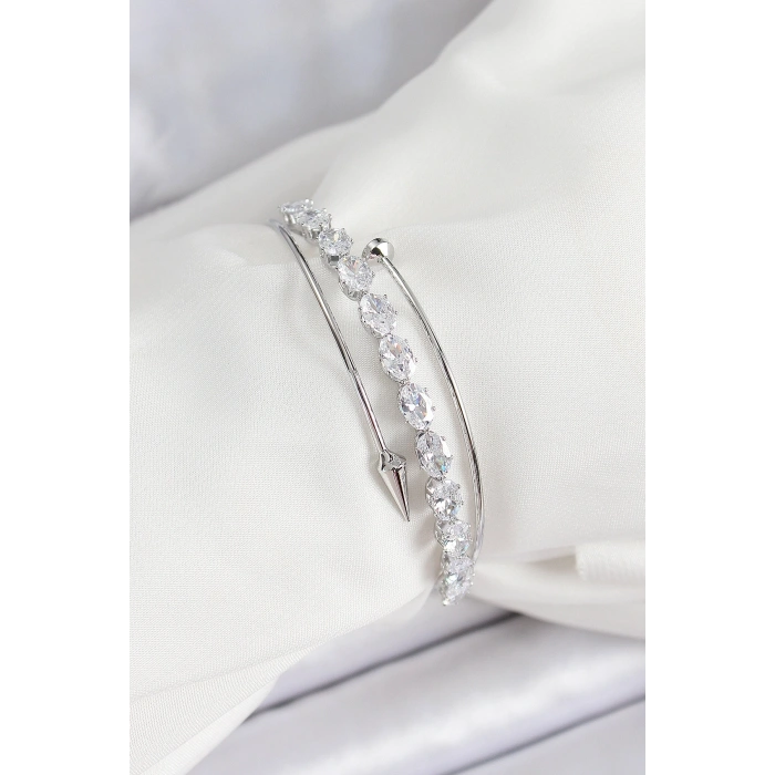 Pirinç Gümüş Renk Arpa Zirkon Taşlı Kadın Bileklik