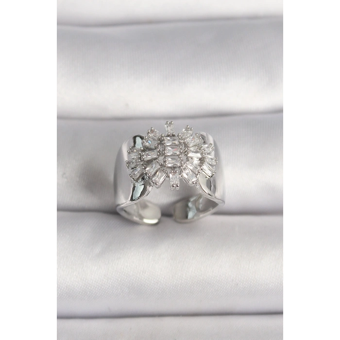 Pirinç Gümüş Renk Ayarlanabilir Baget Zirkon Taş Model Kadın Yüzük