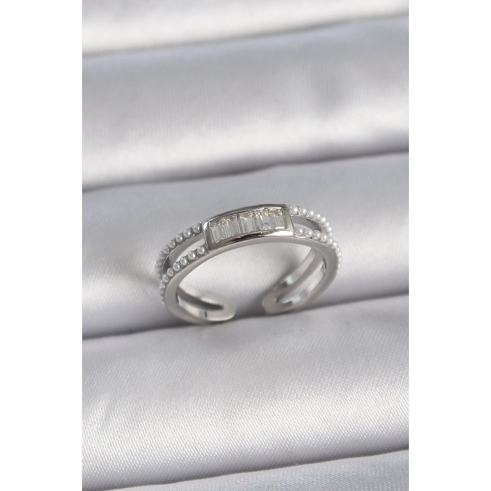 Pirinç Gümüş Renk Ayarlanabilir Sıralı İncili Zirkon Taşlı Kadın Yüzük