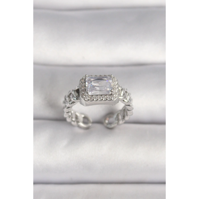 Pirinç Gümüş Renk Ayarlanabilir Zincir Kare Zirkon Taşlı Kadın Yüzük