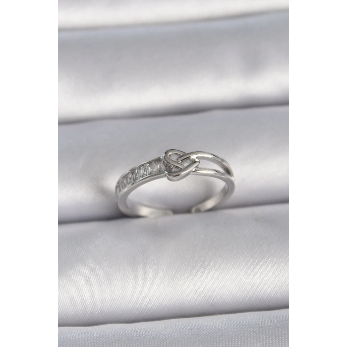 Pirinç Gümüş Renk Ayarlanabilir Zirkon Taşlı Düğüm Kalp Model Kadın Yüzük