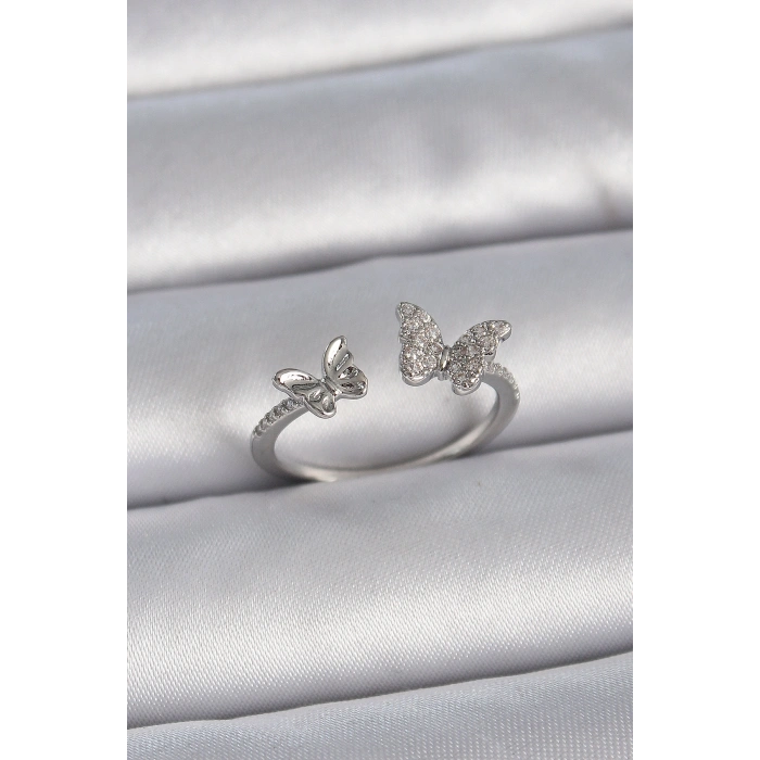 Pirinç Gümüş Renk Ayarlanabilir Zirkon Taşlı Kelebek Model Kadın Yüzük