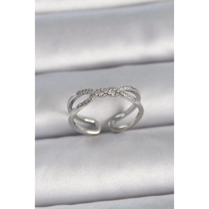 Pirinç Gümüş Renk Ayarlanabilir Zirkon Taşlı Sarmal Model Kadın Yüzük