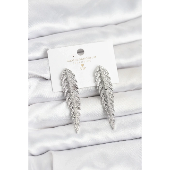 Pirinç Gümüş Renk Balık Sırtı Model Zirkon Taşlı Kadın Küpe