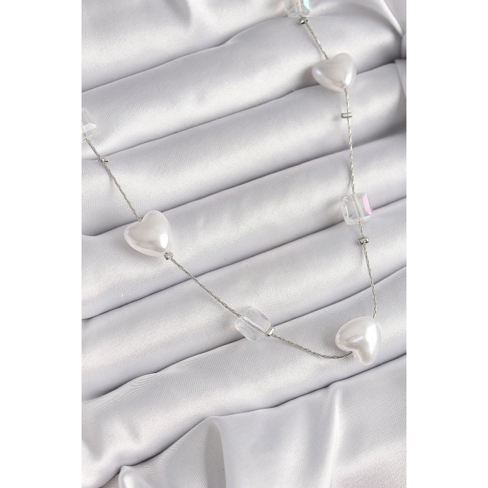 Pirinç Gümüş Renk Beyaz İnci Kalp Model Kadın Kolye