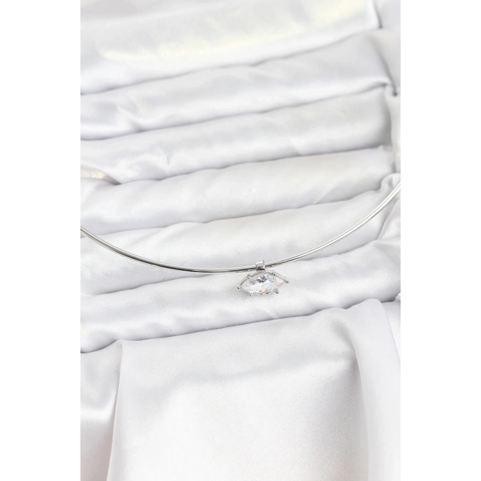 Pirinç Gümüş Renk Choker Model Zirkon Taşlı Kadın Kolye