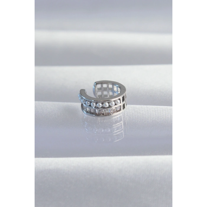 Pirinç Gümüş Renk İncili Baget Taşlı Earcuff Küpe