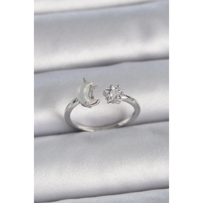 Pirinç Gümüş Renk İncili Hilal Zirkon Taşlı Yıldız Ayarlanabilir Kadın Yüzük