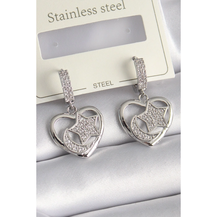 Pirinç Gümüş Renk Kalp Model Zirkon Taşlı Ay Yıldız İşlemeli Kadın Küpe