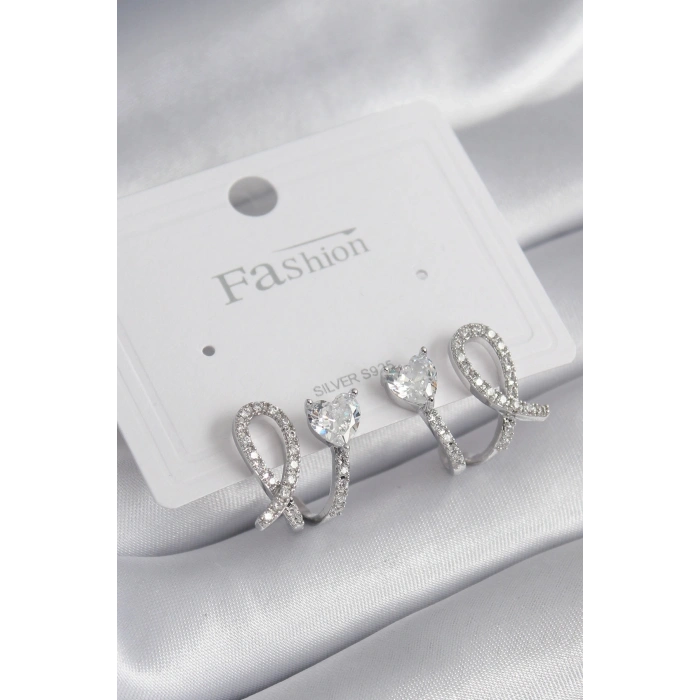 Pirinç Gümüş Renk Kalp Model Zirkon Taşlı Kadın Küpe