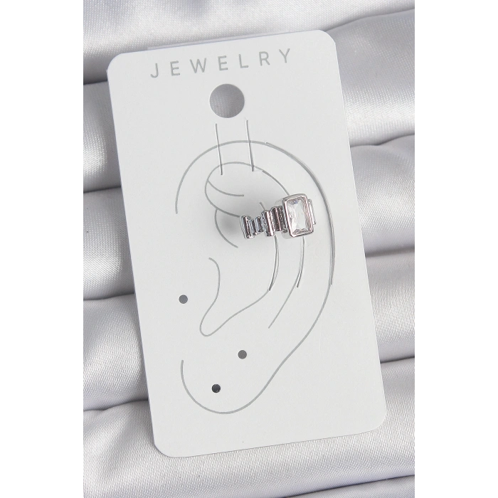 Pirinç Gümüş Renk Kare Zirkon Taşlı Kadın Kıkırdak Model Küpe