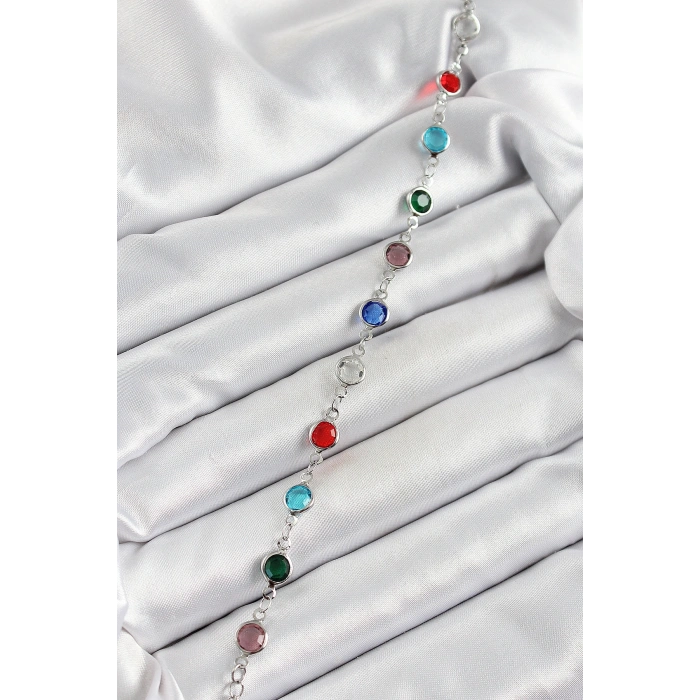 Pirinç Gümüş Renk Karışık Renk Zirkon Taşlı Kadın Bileklik