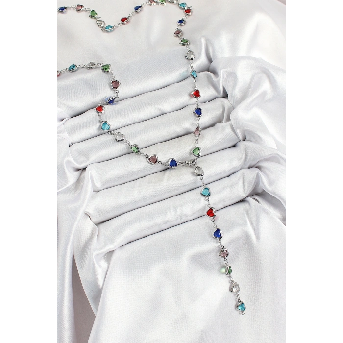 Pirinç Gümüş Renk Karışık Renk Zirkon Taşlı Kalpli Y Kadın Kolye