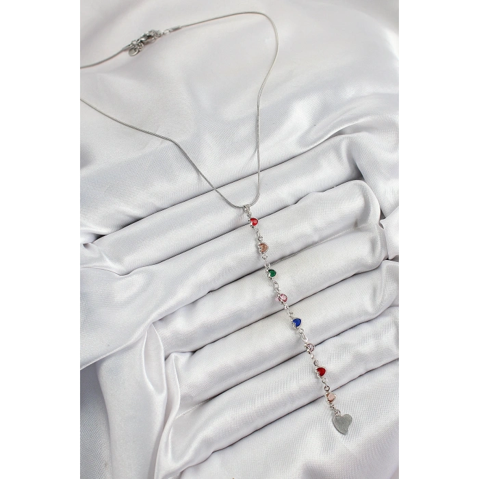 Pirinç Gümüş Renk Karışık Renk Zirkon Taşlı Kalpli Y Kadın Kolye