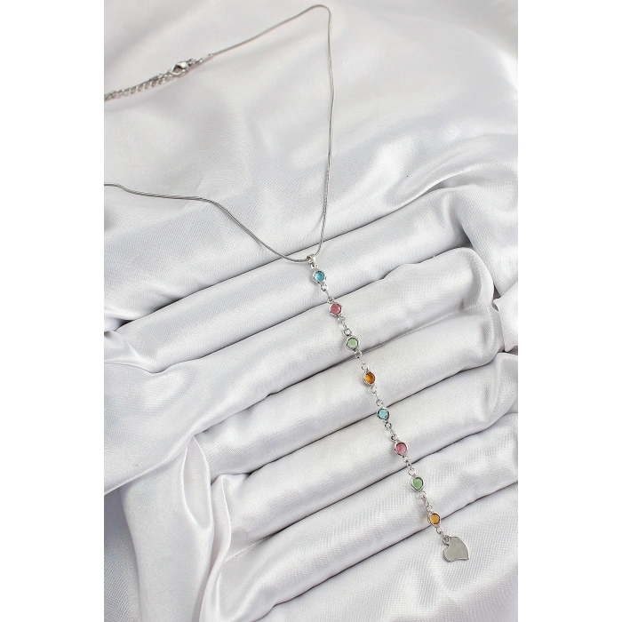 Pirinç Gümüş Renk Karışık Renk Zirkon Taşlı Y Kadın Kolye