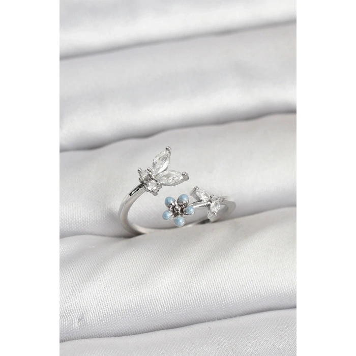 Pirinç Gümüş Renk Kelebek Model Kadın Yüzük