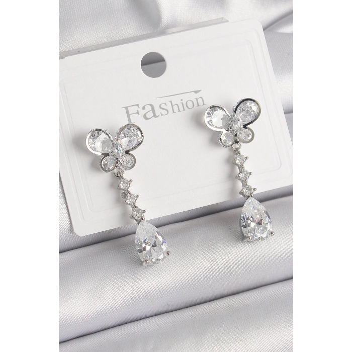 Pirinç Gümüş Renk Kelebek Model Sallantı Damla Zirkon Taşlı Kadın Küpe