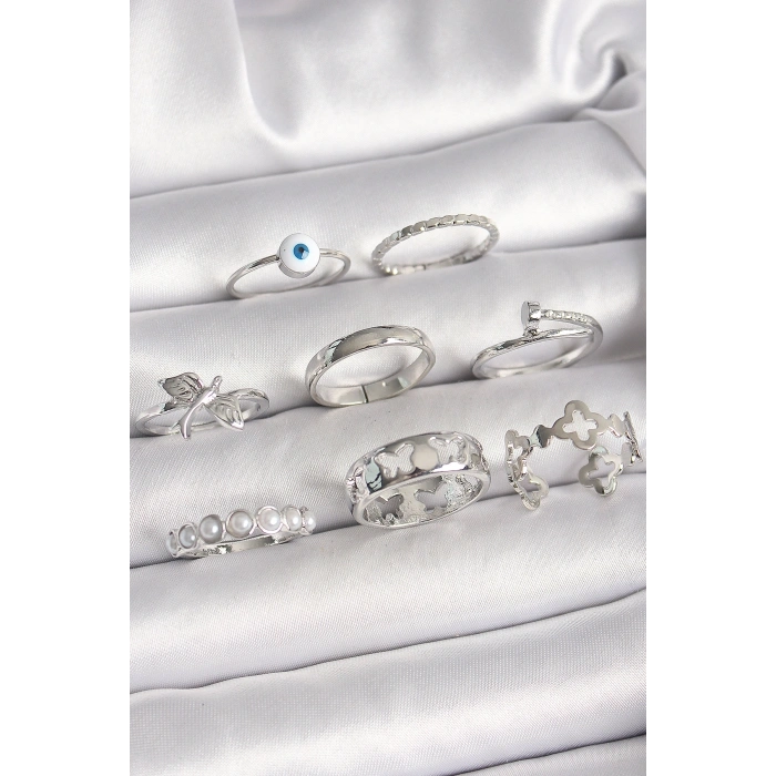 Pirinç Gümüş Renk Nazar Boncuk Detay İncili Kelebek İşlemeli Kadın Yüzük Kombini