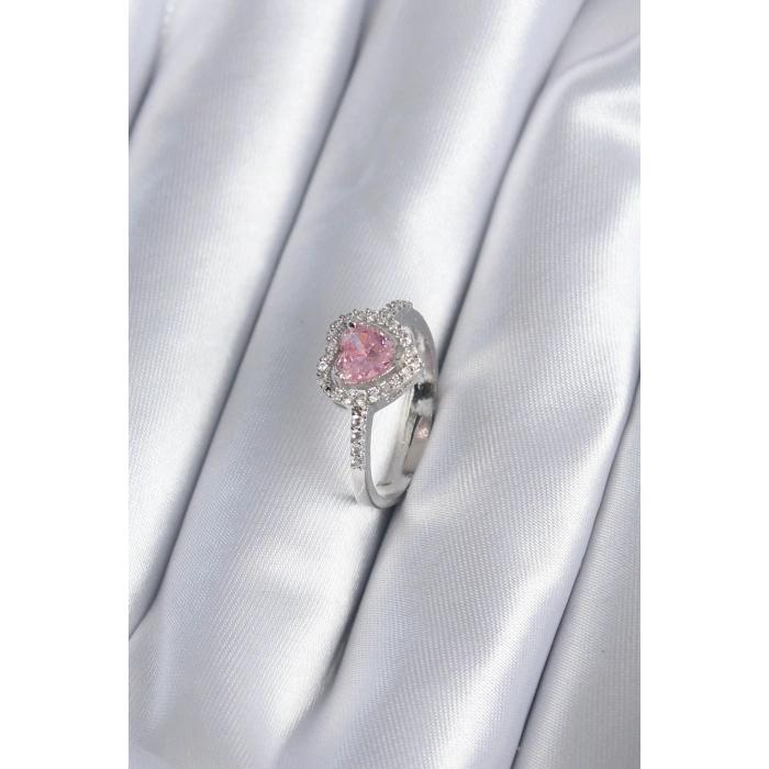 Pirinç Gümüş Renk Pembe Zirkon Taş Kalp Charm Model Kadın Yüzük