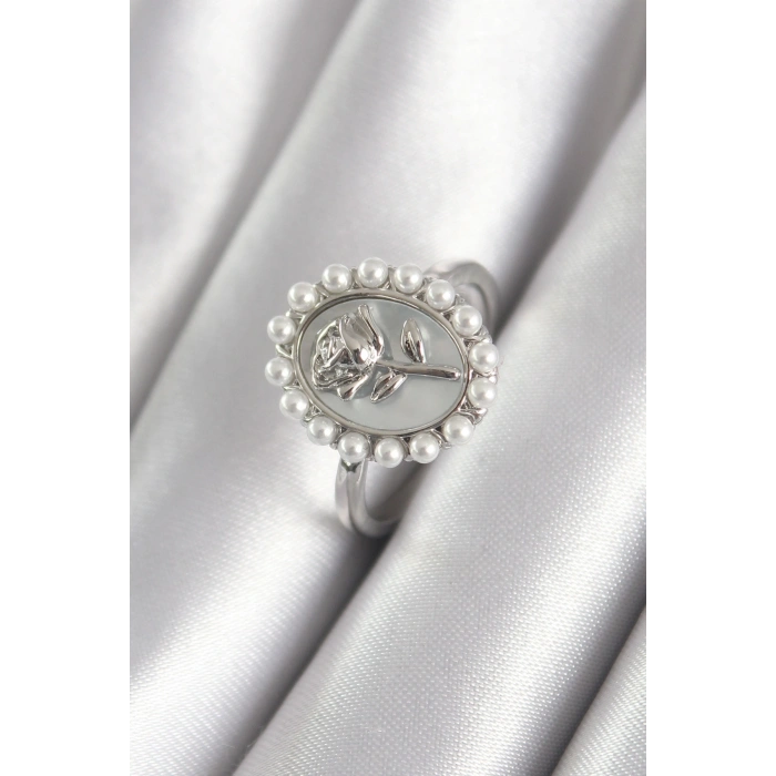 Pirinç Gümüş Renk Portre Gül Model İnci Detay Kadın Yüzük