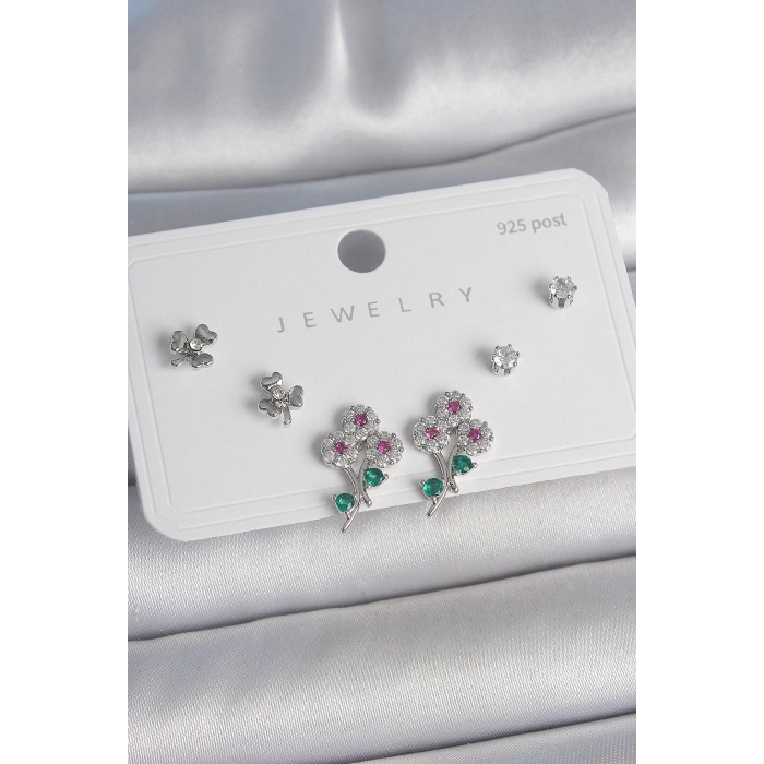 Pirinç Gümüş Renk Renkli Zirkon Taşlı Çiçek Model Yaprak Detay 925 Ayar Gümüş Çivi Kadın Küpe Seti