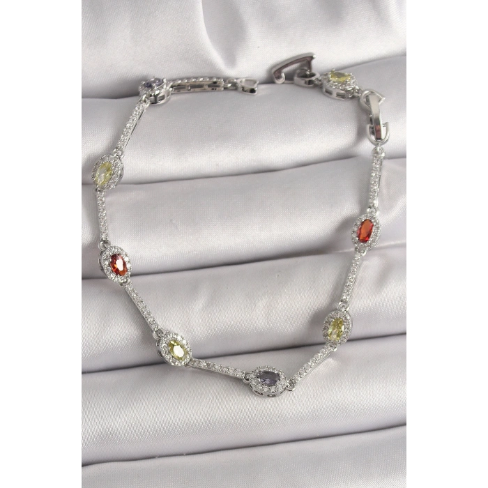 Pirinç Gümüş Renk Renkli Zirkon Taşlı Damla Taş Model Kadın Bileklik